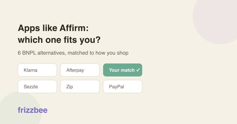 Six buy now pay later app options — Klarna, Afterpay, Sezzle, Zip, PayPal Pay Later, and Affirm — with a matcher selecting the best fit.